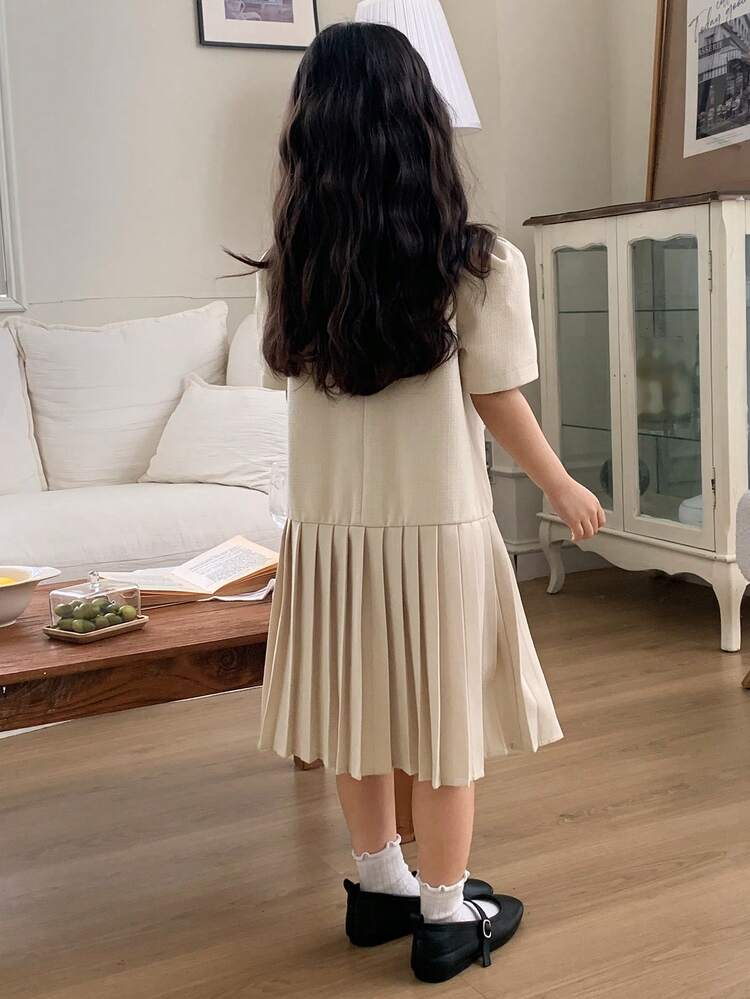 Young Girls Round Neck Pleated Short Sleeve Elegant Party Dress, Summer