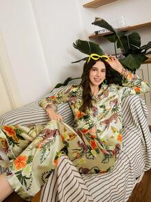 Chillnights 年轻休闲时尚INS风植物豹纹绿色开衫长袖长裤女式睡衣套装 - 綠色 - 查看 1