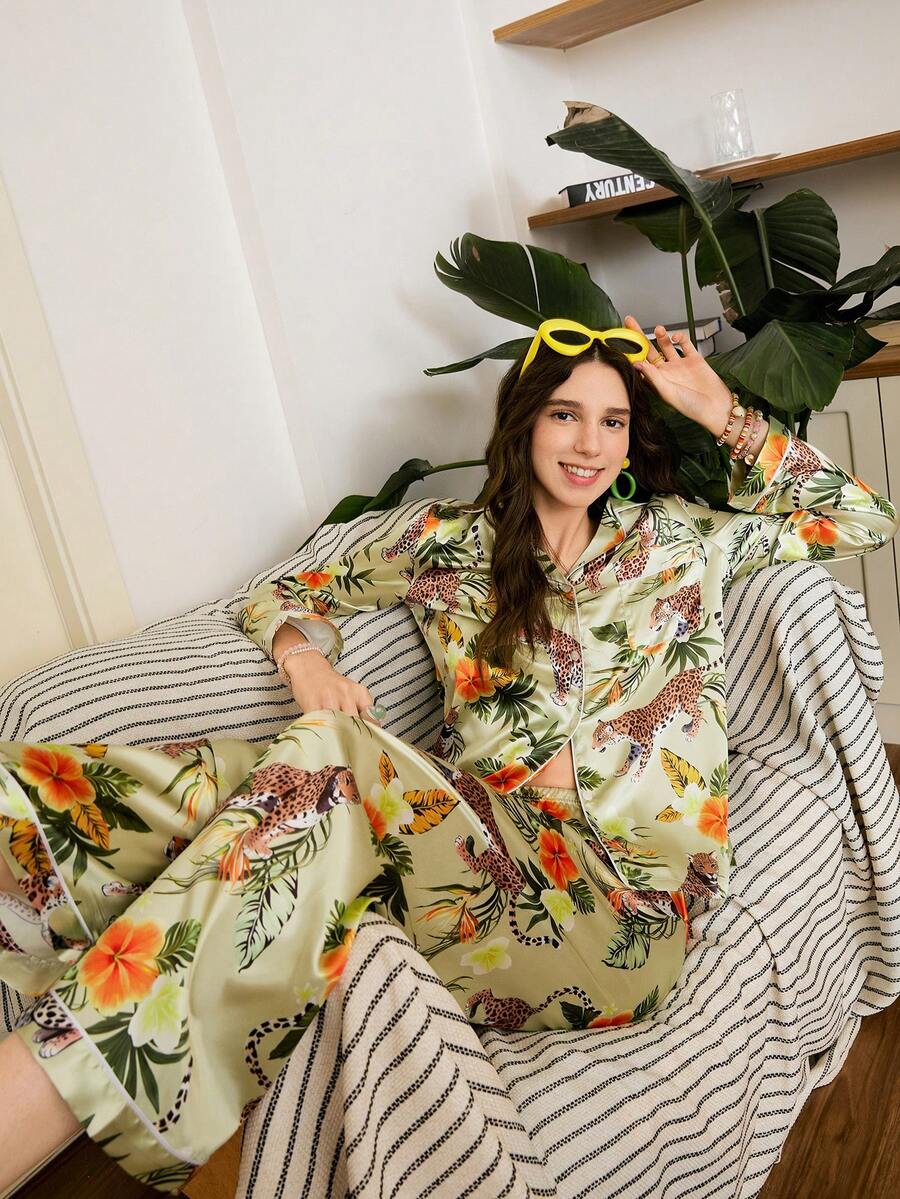 Chillnights 年轻休闲时尚INS风植物豹纹绿色开衫长袖长裤女式睡衣套装 - 綠色 - 查看 1