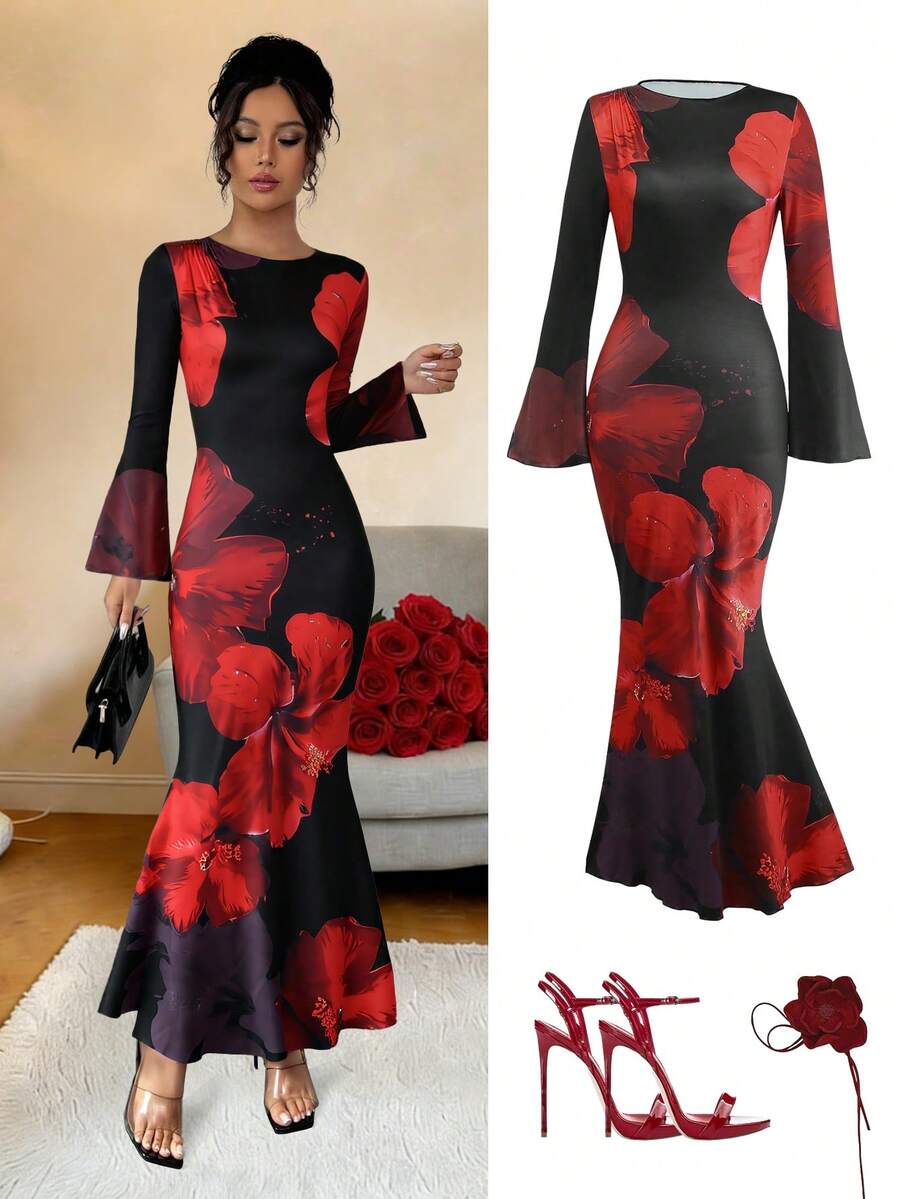 SHEIN Franclia Women's Fashionable Red & Black Floral Print Flare Sleeve Long Dress, Valentine's Day Dress - Multicolor - View 1
