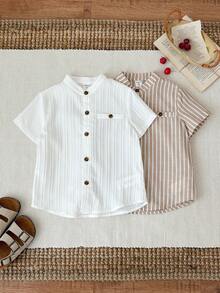 SHEIN 两件套男童休闲百搭纯色卡其条纹白领短袖衬衫套装，适合生日派对、锐舞派对、晚宴、演出、婚礼、洗礼、庆典等场合。 - 彩色 - 查看 4