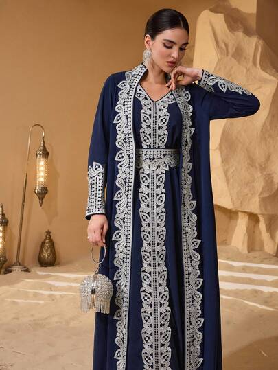 Layrah 2pcs Elegant Floral Lace Trim Long Sleeve Cardigan Set For Women For Evening Party  Modest Full Length Jalabiya, Casual Long Sleeve Maxi Dress