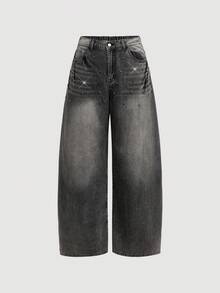 ROMWE Grunge Punk Jeans de pierna ancha con diseño de remaches vintage lavados para tallas grandes - Gris Oscuro - Ver 1
