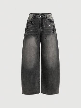 Grunge Punk Jeans a gamba larga vintage lavati, con design punk a rivetti, taglie comode