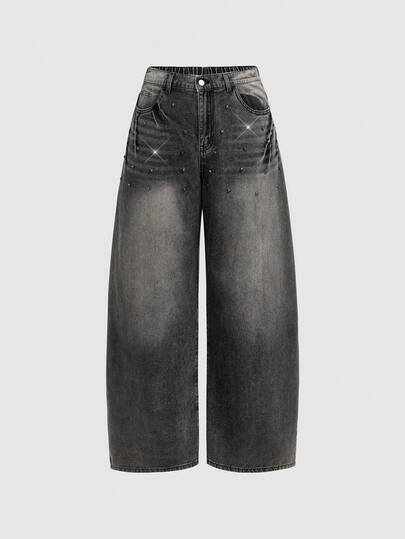 Grunge Punk Jeans a gamba larga vintage lavati, con design punk a rivetti, taglie comode