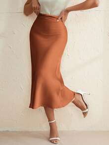 Aveloria Modichic Chân váy satin xếp ly, nhún bèo thanh lịch dành cho nữ, dài có khóa kéo, dáng suông, màu be tự nhiên, trơn, mùa xuân/hè, trang phục chuyên nghiệp/kinh doanh/đồng phục công sở - trái cam - Xem 5