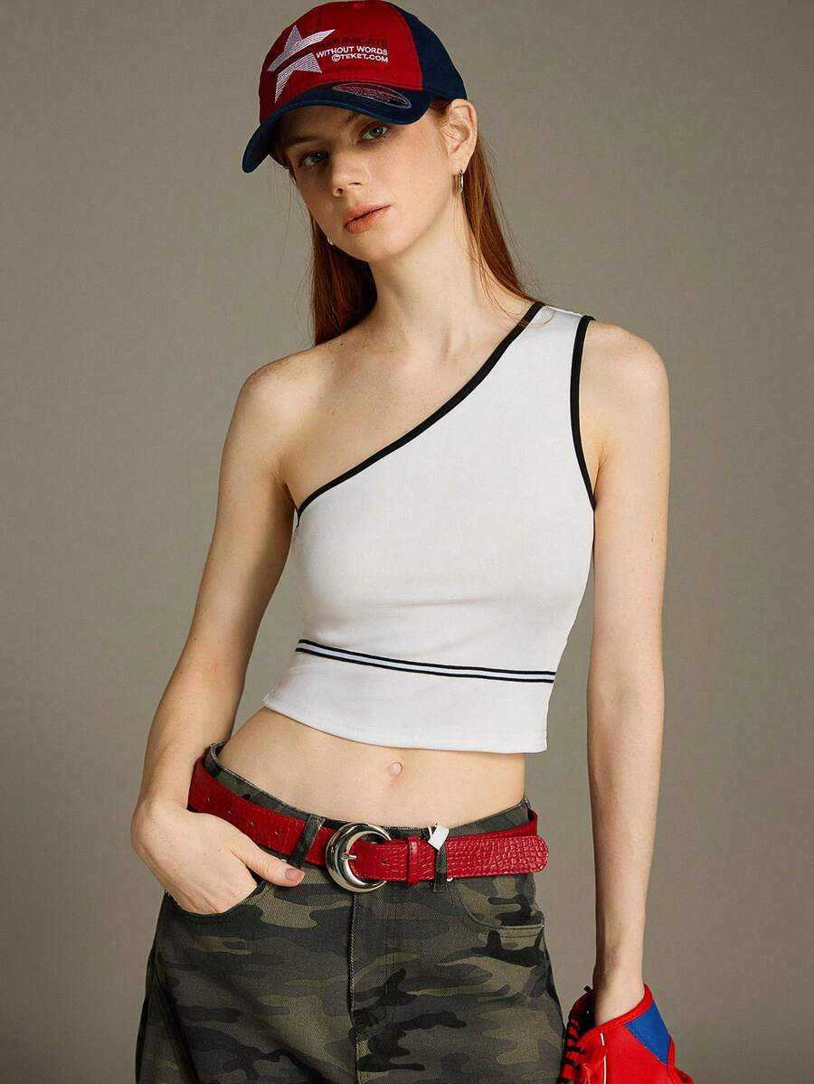 Elnivra Áo tank top nữ màu trắng lệch vai viền đen, áo vest mùa hè dễ thương, trang phục đi biển. - Đen và trắng - Xem 1