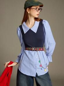 Elnivra Preppy Style Y2K Women's Striped Patchwork Collared Flare Sleeve Casual Shirt With Navy Vest 2 In 1 Design, Spring/Summer - Blue - View 4