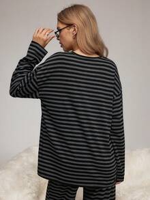 HautHeat 女士半拉链纽扣条纹印花长袖家居服上衣 - 黑色 - 查看 2
