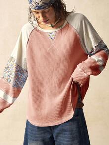 Bohemela 女士休闲针织拼接圆领长袖宽松上衣 - 紅色 - 查看 3