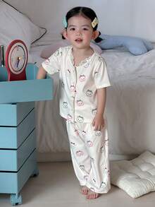 DAZY 2pcs Baby Girls' Lace Patchwork Cartoon Print Long Sleeve T-Shirt And Pants Pajama Set - White - View 7