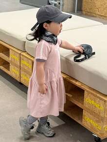 Dazy Kids 女婴休闲字母印花圆领短袖连衣裙，夏季 - 粉色 - 查看 5