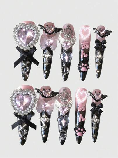 Anime 10 pezzi di unghie finte artigianali di alta qualità con elementi decorativi dolci e cool come croce, fiocco, cuore grande, farfalla + 3 pezzi di biadesivo, stile Y2K con contrasto nero e rosa, forma mandorla extra lunga staccabile, adatte per vacanze, feste, balli e uso quotidiano