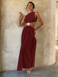 Aloruh Minimalist Commuter Chic Wedding Season Sexy Extra Long Dress,Summer Dresses For Women - Burgundy - View 3