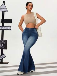 Flexra Women's Casual Washed High Waist Flare Jeans - Blue - View 3