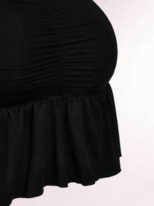 Amplova Đầm ngắn ôm sát cơ thể, cổ yếm chữ V, dây buộc, viền bèo nhún, màu trơn, thích hợp cho hẹn hò và mặc hàng ngày. - màu đen - Xem 8