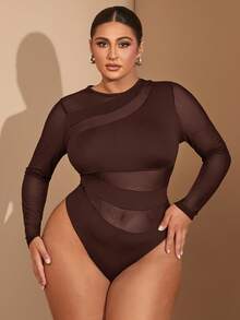 SHEIN BAE 1pc Plus Size Women's Black Crew Neck Sexy Sheer Hollow-Out Mesh Contrast Asymmetrical Bodysuit, Autumn/Winter,Valentine's Day,Valentine Outfits For Women - Coffee Brown - View 1