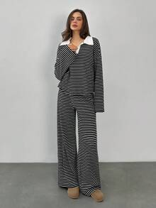 SHEIN Tall 女款2件套寬鬆黑白條紋V領長袖T恤與鬆緊腰長褲，休閒居家返校秋季冬季針織套裝，適合高個女性 - 黑色 - 查看 3