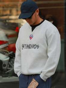 DAZY 男士字母刺绣撞色领套头卫衣，灰色，春秋季