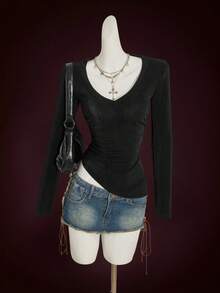 SHEIN ICON 复古休闲网眼透明露背水钻装饰深 V 领女式长袖 T 恤 - 黑色 - 查看 5