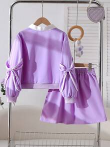 SHEIN 两件套女童学院风长袖翻领卫衣，撞色滚边和蝴蝶结装饰，搭配百褶裙，舒适针织面料，青春活力，适合上学或休闲穿着。 - 紫色 - 查看 2