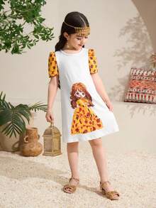 年轻女孩休闲黑色玫瑰印花泡泡袖圆领宽松直筒白色连衣裙 - 白色 - 查看 4