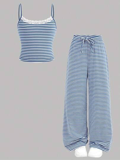 SHEIN Girlism Tween Girls' Casual Striped Lace Trim Camisole Top And Straight Leg Wide Pants 2 Pieces Knit Outfit, Comfortable Stretchy Striped Tracksuit Set For Spring/Summer