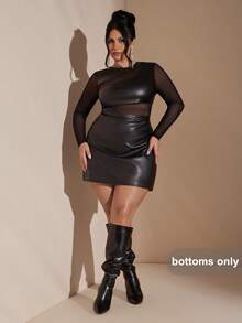 SHEIN BAE 大码女士黑色优雅迷你PU皮裙，秋冬季，下午茶派对裙，大码女裙，女士夏季裙，女士派对裙，圣诞节，舒适秋冬款式，感恩节女士裙，舞会裙，女士冬季裙，女士晚礼服裙，大码女士裙，正式裙，新年，情人节，生日裙，大码优雅性感裙，鸡尾酒裙，毕业派对 - 黑色 - 查看 9