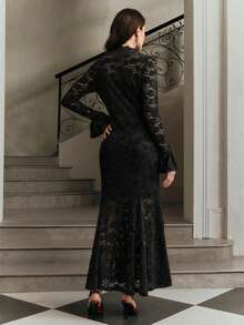 Anewsta Women's Bodycon Fishtail Hem Dress With Flare Sleeves, Black Lace Rose Ruffle Collar, Elegant And Stylish For Fall, Winter, Spring, New Year, Party, Wedding - Black - View 7