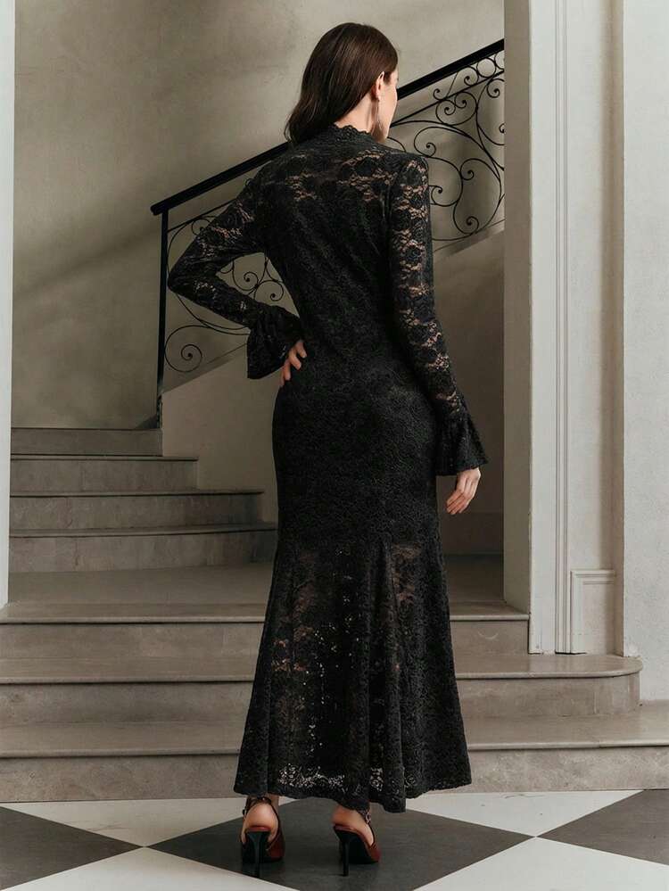 Women's Bodycon Fishtail Hem Dress With Flare Sleeves, Black Lace Rose Ruffle Collar, Elegant And Stylish For Fall, Winter, Spring, New Year, Party, Wedding
