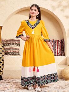 SHEIN Tween Girl Bohemian Style Geometric Patchwork Tassel Dress - Yellow - View 4