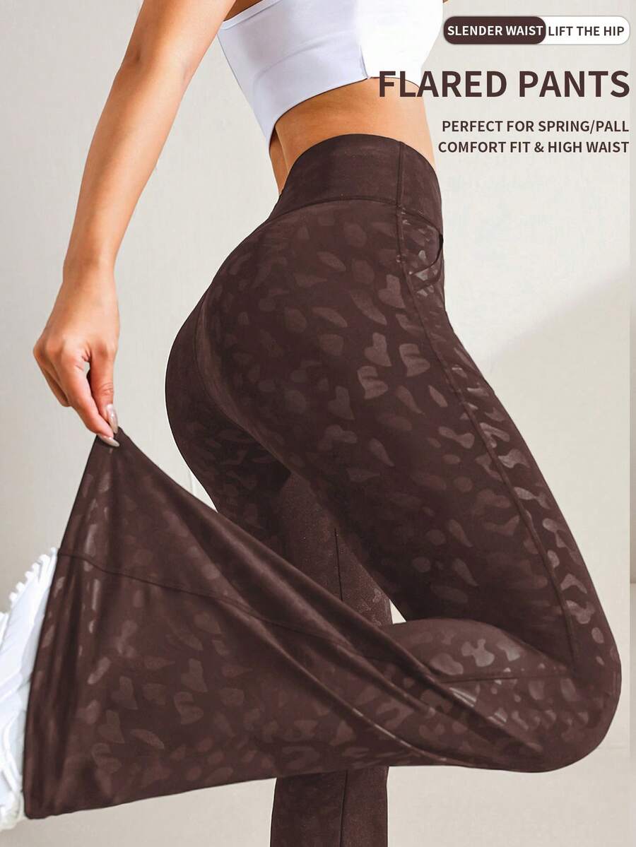 Easithlete Women's High Waist Leopard Print Pockets Patchwork Flare Pants - Brown - View 1