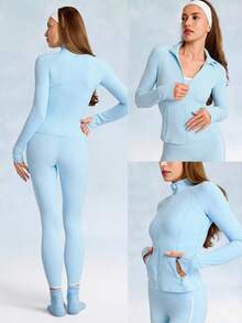 GLOWMODE FeatherFit™ Slim-It Streamline Performance Secure Pockets Zip Up Long Sleeve Jacket Low Impact Yoga Daily Fall - Blue Day - View 7