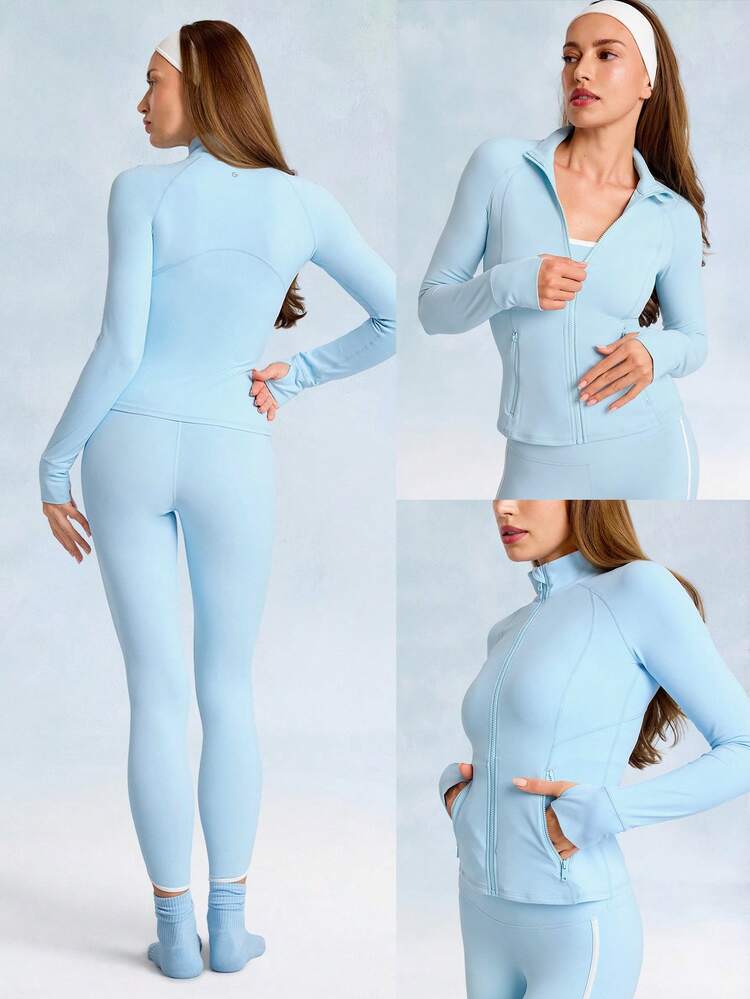 FeatherFit™ Slim-It Streamline Performance Secure Pockets Zip Up Long Sleeve Jacket Low Impact Yoga Pilates Daily Spring Summer