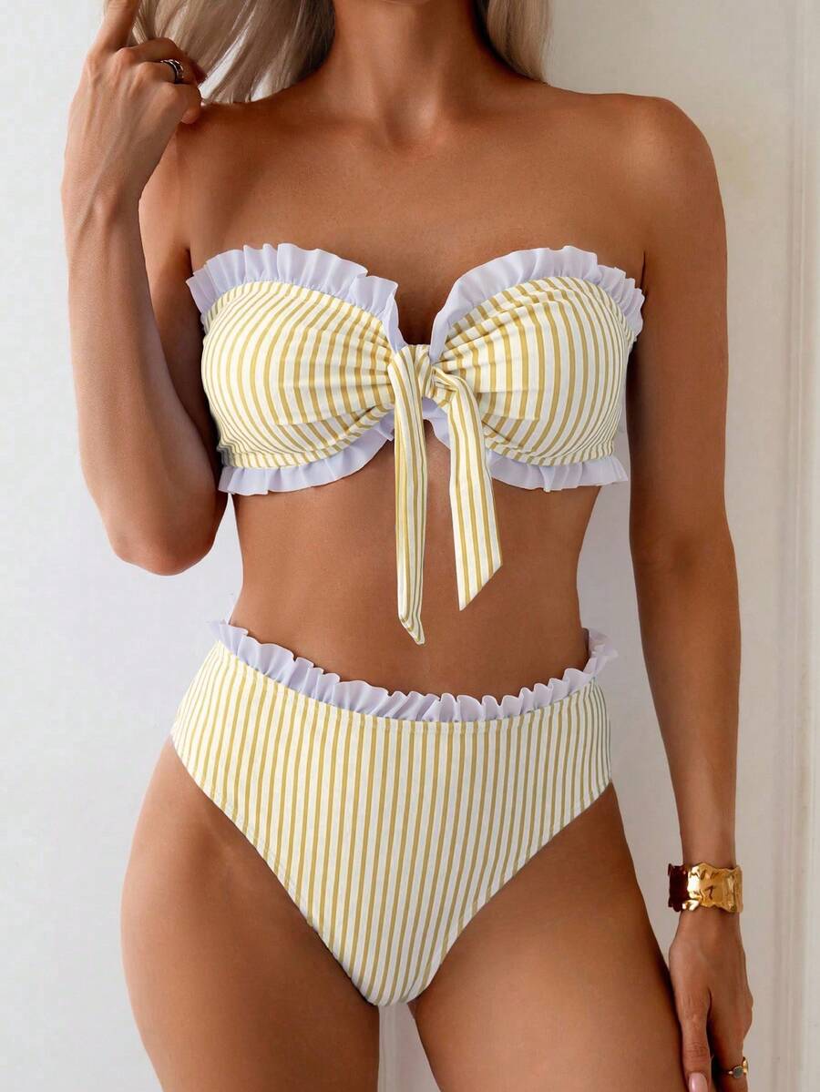 SHEIN Swim Women's Striped Print Contrast Color Ruffle Front Tie Knot Bikini Set, Casual Beach Holiday - Yellow - View 1