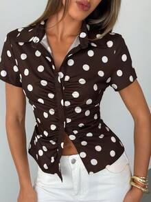 Aloruh 女士通勤休闲时尚撞色波点棕色翻领开襟单排扣收腰短袖衬衫 - 咖啡棕 - 查看 1