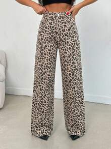 SHEIN PETITE 100% Cotton MID RISE WIDEEG CUT LEOPARD PETITE JEAN - Multicolor - View 4
