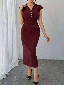 DAZY Đầm dài nữ màu trơn, kiểu dáng ôm sát, có khóa kéo nửa thân, thích hợp mặc thường ngày. - Màu Đỏ Sâu - Xem 3