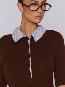 MUSERA Pinstripe Collared Knit Fitted 3/4 Sleeve Top Cute Teacher Casual Work Streetwear Sporty Work Wear Corporate Run , Holidays, Festive Spring Summer - Chocolate Brown - View 3