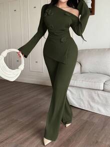 Feyla Women's Solid Color 3D Floral Asymmetric Collar Long Sleeve Top And Pants Elegant 2 Pieces Set - Army Green - View 8