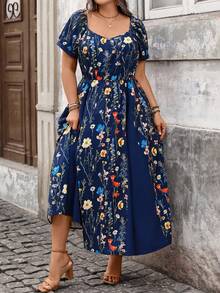 EMERY ROSE Đầm dáng xòe ngắn tay phối màu kiểu Pháp thanh lịch, cỡ lớn, thích hợp cho công sở, thích hợp mặc mùa xuân/hè. - Xanh đậm - Xem 3