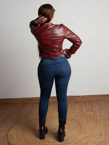 Lupita Cardoza Wine Red Street Style Long Sleeve Leather Jacket,Leather Jacket,Burgundy ,Punk,,Fall Clothes For Women,Winter,Cropped Jacket,Streetwear, - Burgundy - View 2