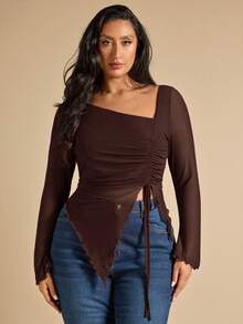 SHEIN BAE Áo thun dài tay ôm dáng, màu trơn, cổ lệch, dây rút, xếp ly, xẻ tà, dành cho nữ cỡ lớn, thích hợp mặc hàng ngày đi làm, mùa xuân/thu. - Cà phê nâu - Xem 3
