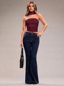 SHEIN BAE Women's Solid Color Halter Backless Tie Neck Camisole, Fashionable & Versatile For Dates, Parties - Maroon - View 3