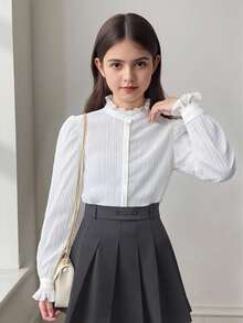SHEIN 少女纯色荷叶边下摆休闲衬衫，优雅正式上衣，适合青少年女孩，女童校服衬衫 - 白色 - 查看 1
