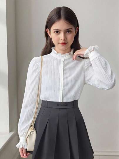 SHEIN 少女纯色荷叶边下摆休闲衬衫，优雅正式上衣，适合青少年女孩，女童校服衬衫