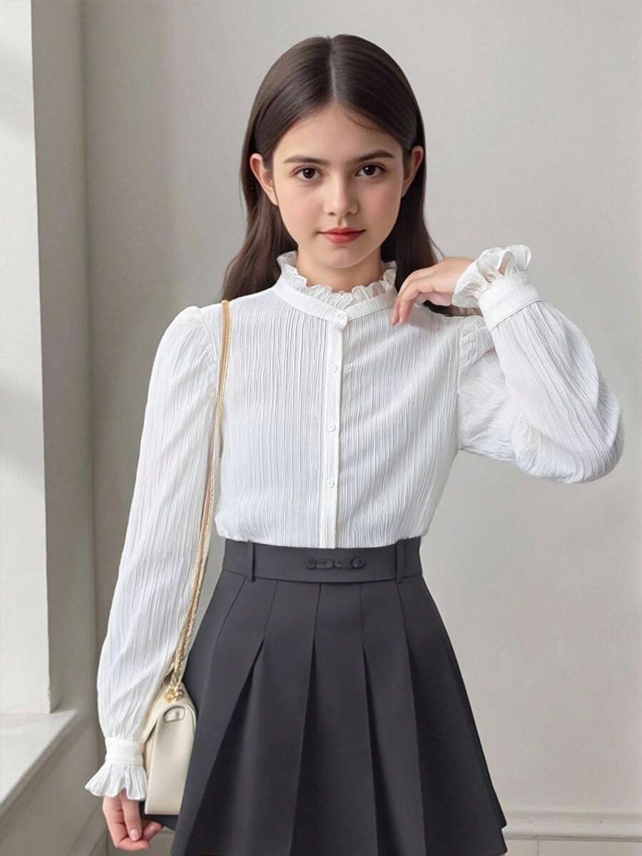 SHEIN 少女纯色荷叶边下摆休闲衬衫，优雅正式上衣，适合青少年女孩，女童校服衬衫 - 白色 - 查看 1