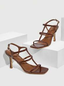 CUCCOO SZL Women's Square Toe Buckle Design Fashion High Heel Sandals For Daily Wear Valentine's Day - Brown - View 4