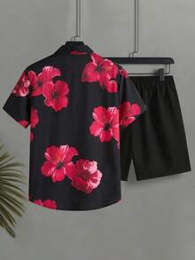 Manfinity Swimmode Conjunto de Camisa de Manga Curta com Estampa Floral e Shorts de Cor Sólida para Homens, Conjunto Curto de 2 Peças, Conjunto de Flores Curto, Conjunto Combinando de Flores para Férias Masculino - Multicolorido - Visão 3