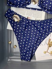 Bonvoyette Bộ 2 món bikini chấm bi đen trắng dáng cạp cao, đồ bơi đi biển cho nữ, bộ bikini màu xanh navy có đệm nâng ngực, bikini chấm bi, bikini họa tiết ngôi sao, đồ bơi chấm bi. - Màu xanh hải quân - Xem 4
